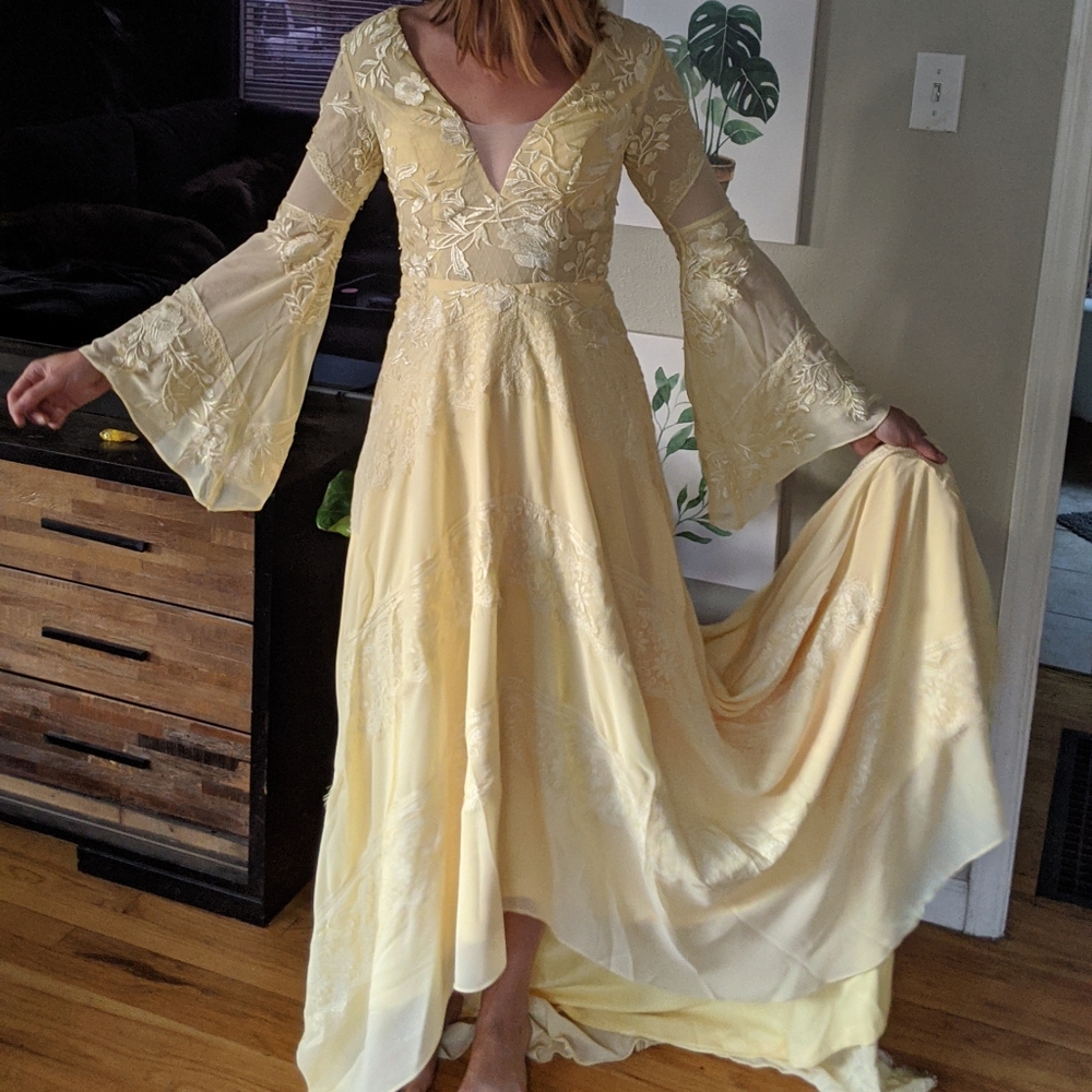 Boho bell sleeve lace elopement wedding dress